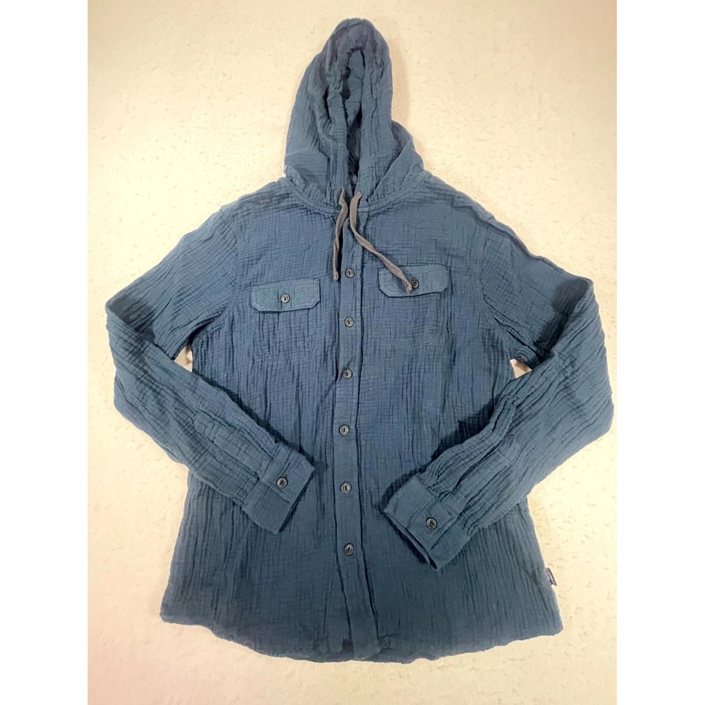 Unionbay Hughie Gauze Button Up Hoodie Mens S Blue Cotton Drawstring Long Sleeve
